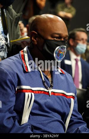 11 février 2022, Wainscott, NY, États-Unis : membre de la nation Shinnecock lors du projet éolien South Fork. Wainscott, NY.11 février 2022. (Crédit image : © Sonia Moskowitz Gordon/ZUMA Press Wire) Banque D'Images