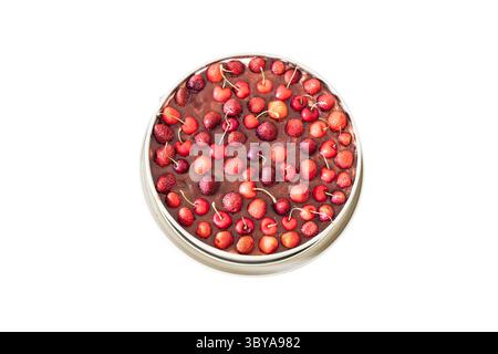 Un gâteau rond fraîchement fait maison garni de sauce coulis et de fraises entières et de cerises, placé dans un moule en métal. Directement au-dessus de la vue. Banque D'Images