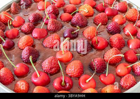 Un gâteau rond fraîchement fait maison garni de sauce coulis et de fraises entières et de cerises à tiges, placé dans un moule en métal. Gros plan détaillé. Banque D'Images