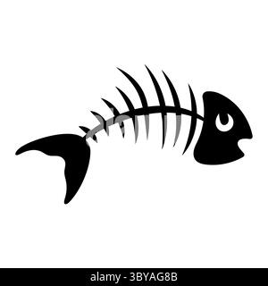 Silhouette stylisée de squelette de poisson. Un poisson de style dessin animé avec une grande tête, un œil visible, des côtes et une colonne vertébrale courbée se terminant par une nageoire arrondie. Illustration de Vecteur