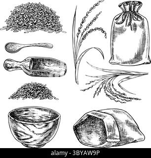 Set de riz, sac, bol en bois, spatule, cuillère, poignée de riz, bol en bois et spatule. Graphiques en noir et blanc, illustrations vectorielles. Élément de menu Illustration de Vecteur