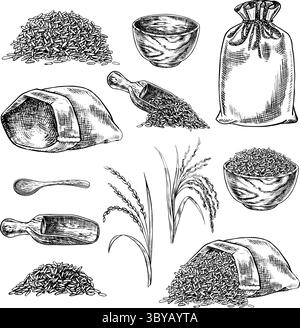 Set de riz, sac, bol en bois, spatule, cuillère, poignée de riz, bol en bois et spatule. Graphiques en noir et blanc, illustrations vectorielles. Élément de menu Illustration de Vecteur