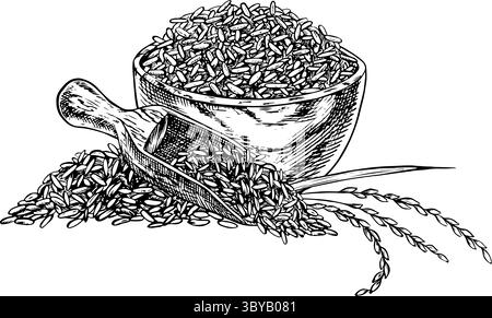 Riz ou avoine, blé ou seigle dans un bol en bois, avec des tiges de riz à côté. Graphiques en noir et blanc, illustrations vectorielles. Elément de conception pour menus Illustration de Vecteur
