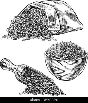 Un ensemble de riz, d'avoine, de blé ou de seigle dans un sac, un bol en bois et une spatule. Graphiques en noir et blanc, illustrations vectorielles. Un élément de conception de menu Illustration de Vecteur
