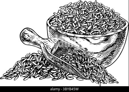 Un bol en bois avec riz, avoine, blé ou seigle, avec une spatule en bois. Graphiques en noir et blanc, illustrations vectorielles. Élément de conception de menu, recettes Illustration de Vecteur