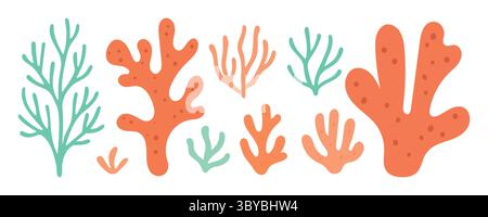 Les branches colorées de récif corallien orange et sarcelle forment un ensemble plat de plantes océaniques, idéal pour les infographies de la vie marine, les arrière-plans ou les livres pour enfants Illustration de Vecteur