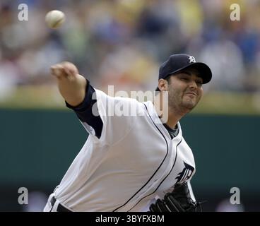 14 août 2008 - le lanceur de départ des Tigers de Détroit, Armando Galarraga, affronte les Blue Jays de Toronto en huitième manche. Les Tigers ont battu les Blue Jays, 5-1, à Comerica Park à Detroit, Michigan, le jeudi 14 août 2008. ) (Crédit image : © Julian H. Gonzalez/Detroit Free Press via ZUMA Press Wire) Banque D'Images