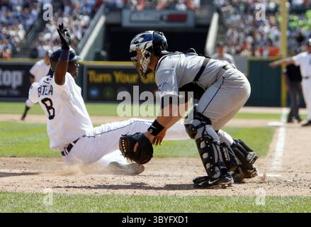 14 août 2008 - Edgar Renteria des Tigers de Detroit marque avant le lancer abandonné par Gregg Zaun, le receveur des Blue Jays de Toronto, lors de la huitième manche. Les Tigers ont battu les Blue Jays, 5-1, à Comerica Park à Detroit, Michigan, le jeudi 14 août 2008. ) (Crédit image : © Julian H. Gonzalez/Detroit Free Press via ZUMA Press Wire) Banque D'Images