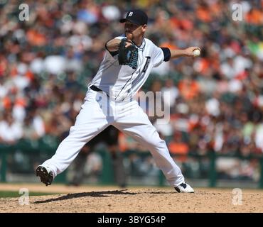 10 mai 2014 - Detroit, mi, États-Unis - Phil Coke, lanceur des Tigers de Detroit, affronte les Twins du Minnesota en neuvième manche au Comerica Park à Detroit, samedi 10 mai 2014. Les Tigers ont battu les Twins, 9-3. (Crédit image : © Kirthmon F. Dozier/Detroit Free Press via ZUMA Press Wire) Banque D'Images