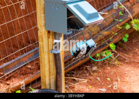 Une prise de boîte de connexion électrique est installée sur un poteau en bois avec des fils Banque D'Images