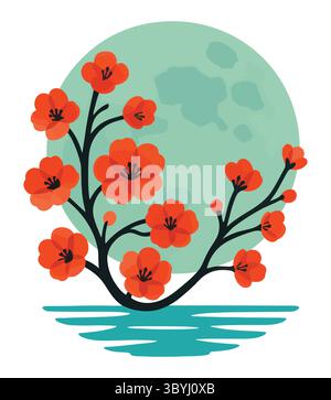 Branche d'arbre en fleurs de cerisier avec fleurs rouges, pleine lune et reflet de l'eau - illustration de la nature japonaise, Art floral paisible, élément de design zen Illustration de Vecteur