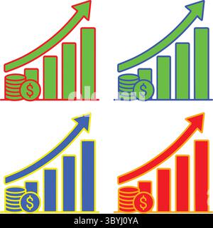 Croissance de l'argent et icônes de profit - graphiques financiers d'entreprise avec des signes de dollar, graphiques en hausse, flèches de barre colorées, symboles de tendance du marché boursier, budget PL Illustration de Vecteur