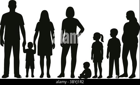 Silhouette en noir et blanc illustration d'un groupe familial Illustration de Vecteur