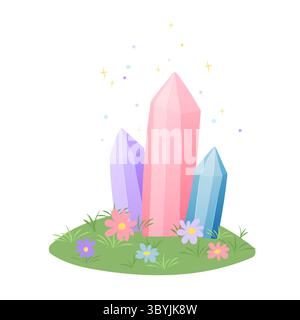 Colline avec trois cristaux colorés et des fleurs Illustration de Vecteur