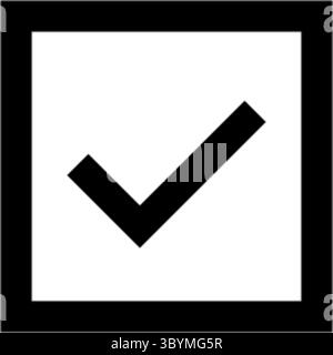 Un symbole de coche noire simple et en gras est centré dans un carré noir épais sur un fond blanc. Cette icône représente l'achèvement ou la confi Illustration de Vecteur