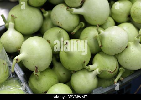 Caleçon empilé ensemble dans un panier. Gourde verte de bouteille biologique crue fraîche vendue sur le marché. Banque D'Images