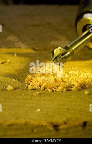 Perceuse électrique sur planche de bois avec crépuscule de scie Banque D'Images