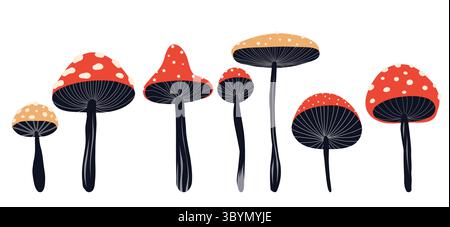 Ensemble vectoriel de mouches agariques stylisées. Collection de champignons amanita magiques dessinés pour cartes postales, illustrations de livres, autocollants. Illustration de Vecteur