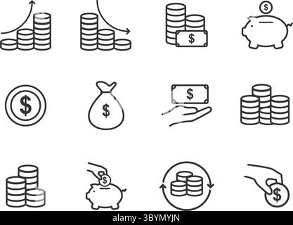 ensemble d'icône de ligne liée au revenu, salaire, argent, entreprise. Collection d'icônes de contour. Contour modifiable. Illustration vectorielle Illustration de Vecteur