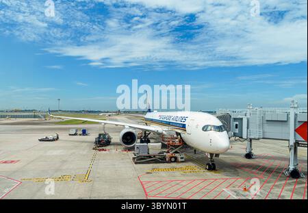 Singapore Airlines Airbus A350-900 en cours de chargement à la porte d'embarquement, terminal 3, aéroport de Changi, Singapour Banque D'Images