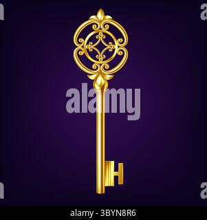 Illustration détaillée d'une clé dorée décorative avec un design complexe sur un fond violet riche. Élégant et intemporel, parfait pour les concepts de secu Illustration de Vecteur