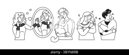 Collection d'illustrations au trait illustrant l'autoflove et l'affection. Les figures expriment le bonheur à travers des câlins et un reflet miroir. Blac minimaliste Illustration de Vecteur