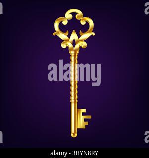 Illustration d'une clé dorée ornée avec des détails complexes sur un fond violet foncé. Le design élégant évoque un sentiment de mystère et de sophisme Illustration de Vecteur