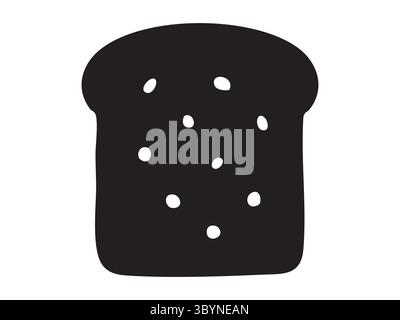 Silhouette noire de tranche de pain ou de pain grillé avec des graines ou des raisins secs, isolée sur fond blanc, illustration graphique. Concept de petit déjeuner, sandwich Illustration de Vecteur
