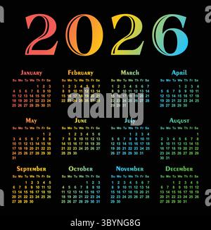 Modèle de calendrier pour une année 2026. Illustration de Vecteur