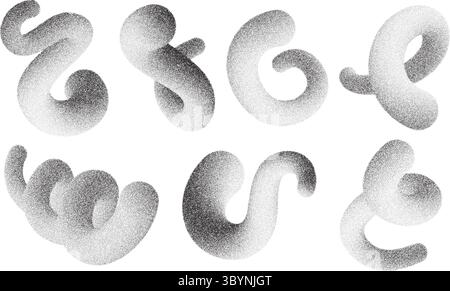 Formes de ligne abstraites sur fond blanc. Éléments ondulés 3D avec effet fluide bruyant. Spirales granuleuses vectorielles avec texture de sable pointillé dégradé. Tendance Illustration de Vecteur