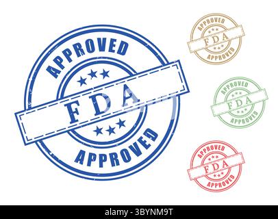 Un ensemble vectoriel de timbre certifié approuvé par la FDA, étiquettes en caoutchouc grunge colorées Illustration de Vecteur