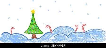 Coloré une joyeuse scène de Noël avec un arbre de Noël décoré d'une étoile et d'une canne de sucette dans des neiges dessinées par une texture de style cire. Dessin animé de Kawaii Illustration de Vecteur