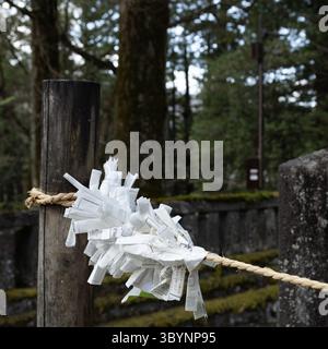 Une corde est attachée à un poteau en bois avec des bandes de papier de fortune. Le papier est froissé. La scène dégage un sentiment de paix. Banque D'Images