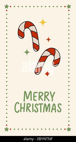 Illustration vectorielle festive de deux cannes de bonbon rayées avec texte joyeux Noël et bordure décorative. Idéal pour les cartes de vacances, les bonbons de saison, et Illustration de Vecteur