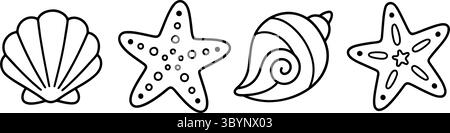 Coquillage en spirale, coquille Saint-Jacques, coquille de conque, et un ensemble d'icônes marines noir et blanc d'étoile de mer. propre, contour, style dessin au trait. Pour les livres de coloriage, boutique de surf, modèles de tatouage, icônes web, impressions. Vecteur Illustration de Vecteur