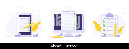 Conformité réglementaire, liste des concepts de loi de règles. Collection Flat Vector illustrations. Peut utiliser pour, landing page, template, web, page d'accueil, poste Illustration de Vecteur