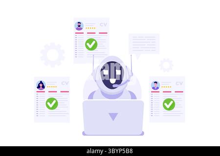 HR ai, robots scannant CV pour rechercher des candidats à un poste vacant. Illustration vectorielle plate. Illustration de Vecteur