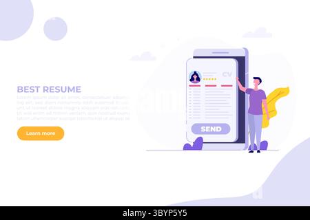 Recherche d'emploi. Envoyez un cv en ligne ou téléchargez un CV, postulez pour des emplois. Document de données sur le recrutement des employés. Illustration vectorielle plate de dessin animé pour bannière, site Web, Illustration de Vecteur
