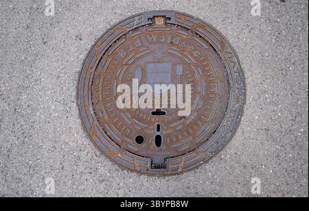 Couverture municipale du lac forestier de la ville de Bad avec armoiries de la ville, lac forestier de Bad, Bade-Wuerttemberg, Allemagne Banque D'Images