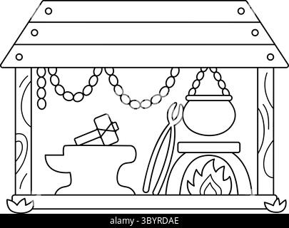 Icône de ligne de forge noir et blanc de vecteur. Forge avec chaudron sur le feu, les outils, le marteau, l'arnaque, les chaînes, enclume. Illustration d'atelier nain de forgeron. MAG Illustration de Vecteur