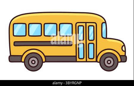 Dessin de bus scolaire jaune classique dans le style dessiné à la main de dessin animé mignon. Illustration vectorielle de retour à l'école. Illustration de Vecteur