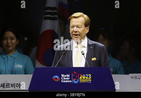 3 juillet 2023, Gangneung, Corée, République de : Gangneung (Corée, République de), 03/07/2023.- Guenter Titsch, président d'Interkultur, prononce un discours de félicitations lors de la cérémonie d'ouverture des World Choir Games dans la ville de la côte est de Gangneung, Corée du Sud, le 03 juillet 2023. (Abierto, Corea del sur) (crédit image : © Yonhap/POOL via ZUMA Press Wire) Banque D'Images