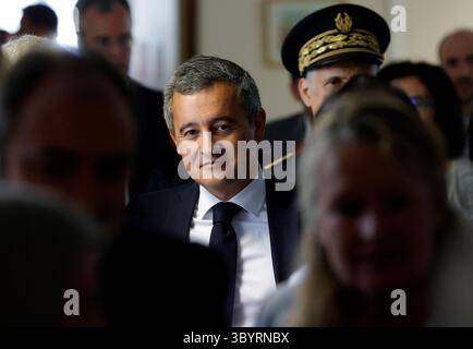 17 juillet 2023, Coubert, Seine-et-Marne, France : Coubert (France), 17/07/2023.- le ministre français de l'intérieur Gerald Darmanin visite un centre de suivi et de réadaptation à Coubert, dans le centre de la France, le 17 juillet 2023. (Francia) (crédit image : © Geoffroy Van Der Hasselt/POOL via ZUMA Press Wire) Banque D'Images