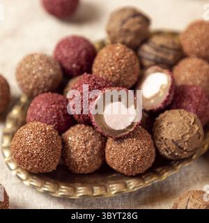 Truffes au chocolat avec du cacao en poudre Banque D'Images