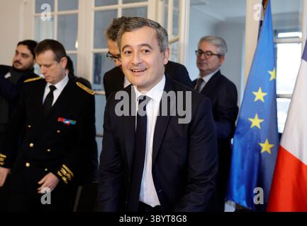 15 janvier 2024, Saint-Denis, Seine-Saint-Denis, France : Saint-denis (France), 15/01/2024.- le ministre français de l'intérieur Gerald Darmanin arrive pour une réunion sur les Jeux Olympiques de Paris, au siège de la sous-préfecture de Saint-Denis, à Saint-Denis, au nord de Paris, France, le 15 janvier 2024. Les Jeux olympiques de Paris se dérouleront du 26 juillet au 11 août. (Francia) (crédit image : © Geoffroy Van Der Hasselt/POOL via ZUMA Press Wire) Banque D'Images