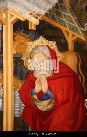 - John l'évangéliste. Nativité. Détail. st. Jospeh. Tempera sur bois. Par Guerrau Gener et Lluís Borrassà- c- 1402-1411. MNAC. Espagne. Banque D'Images