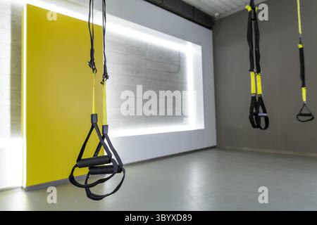Intérieur de salle de sport contemporain avec sangles de suspension prêtes pour les entraînements fonctionnels de groupe et les séances d'entraînement en résistance Banque D'Images