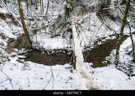 Faites une randonnée dans le ravin couvert de neige à Schmaleg près de Ravensburg Souabe supérieur Banque D'Images