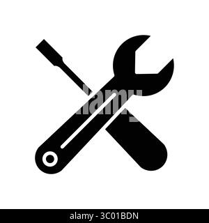 Icône noire et blanche représentant une clé et un tournevis, symbolisant la réparation et l'entretien. Idéal pour représenter des outils dans l'industrie et DIY projec Illustration de Vecteur