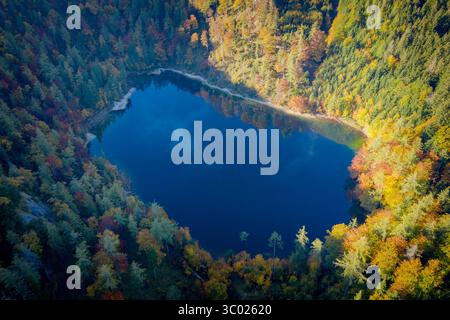 9 octobre 2018 - Fuschl, Salzbourg, Autriche - Lac Eibensee, Autriche - 9 octobre 2018. Vue aérienne du lac Eibensee, un beau petit lac de montagne dans les Alpes autrichiennes près de Salzbourg. (Crédit image : © Christoph Obersch/Gonzales photo via ZUMA Press) Banque D'Images
